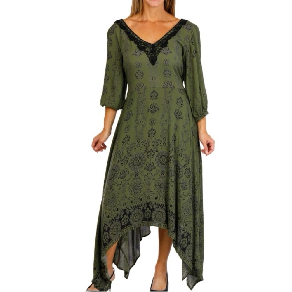 Lola P. Olive Green Damask Print Crochet Lace V-Neck Handkerchief Midi Dress S